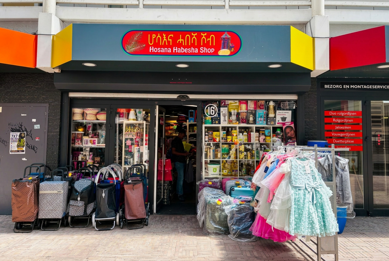Hosana Habesha Shop winkelpui aan de Bottelaarpassage in Almere